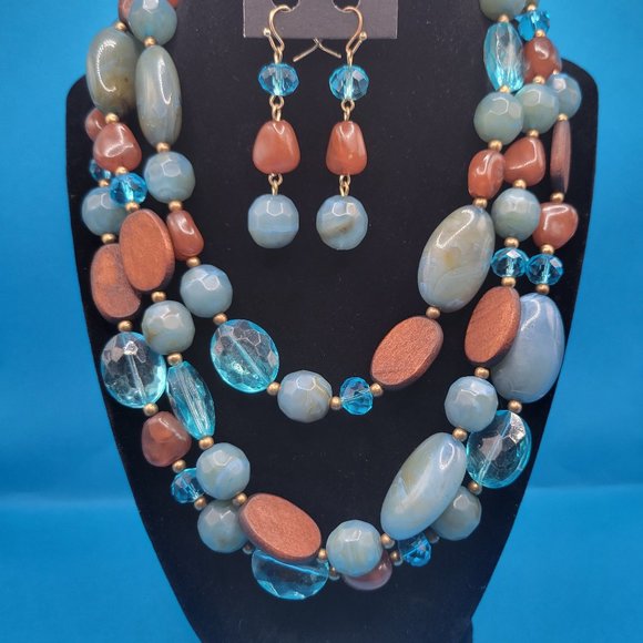 Triple Strand Turquoise and Brown Beaded Necklace with matching Earrings - Picture 1 of 1